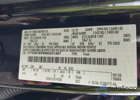 2022 Ford F-150 Xlt z USA, uszkodzony, nr VIN 1FTEW1EP8NKD31467